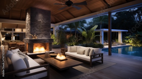 Indoor/outdoor living pavilion with retractable glass walls wood burning fireplace and seamless integration to tropical backyard.