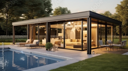 Indoor/outdoor living pavilion with movable glass walls and folding patio access to pool and gardens.