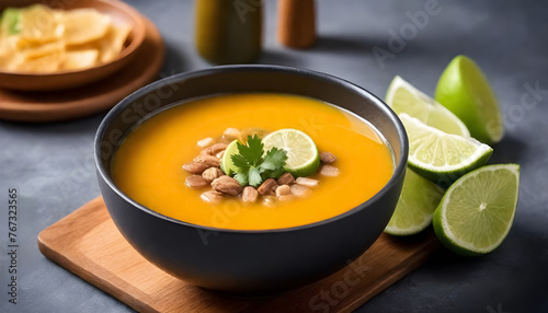 traditional mexican soup with lime and nuts in a black bowl on a dark background photo