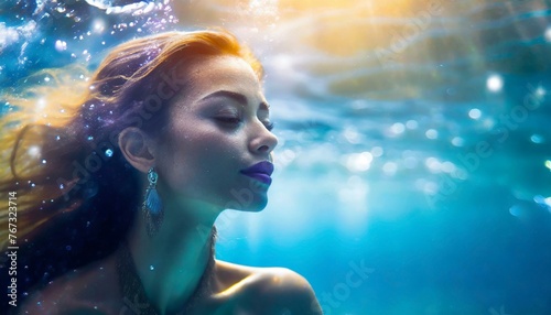  Mermaid, water and sea with silhouette underwater for aqua, fish or magic for myth, goddess and surreal. Mystical, swimming and fantasy for fairytale, creature and folklore for mysterious in ocean