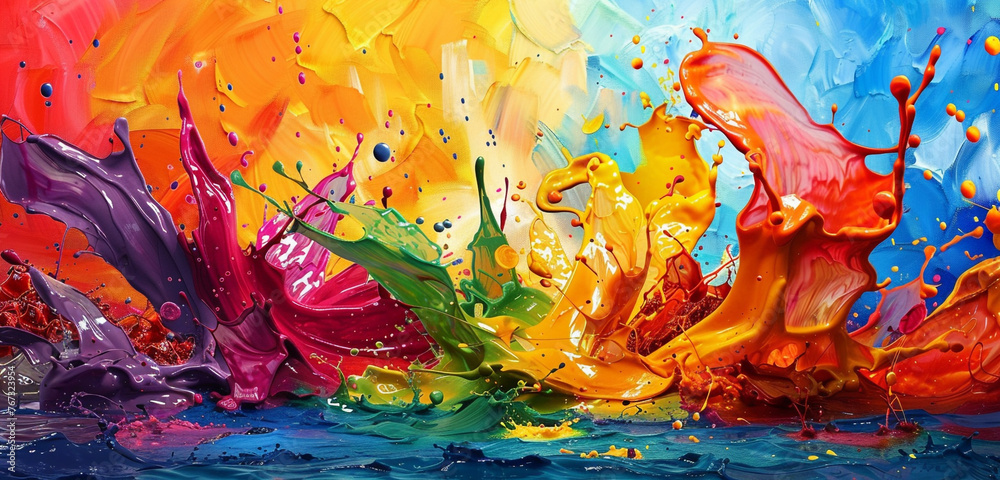 Vibrant splashes of pigment dance across the canvas, evoking a sense of rhythm and movement.