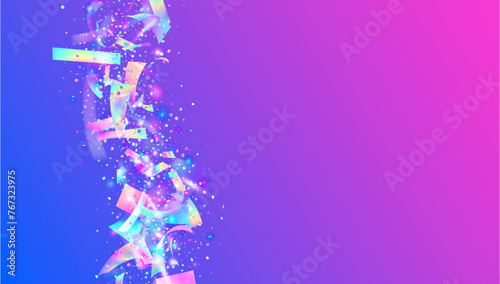 Transparent Tinsel. Blue Disco Glitter. Light Isolated Cristals. Unicorn Background. Carnaval Sparkle. Cristal Dust. Glare Texture. Modern Design. Purple Transparent Tinsel