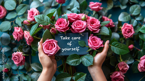 TAKE CARE OF YOURSELF sign in female hands among roses. Self care motivation concept
