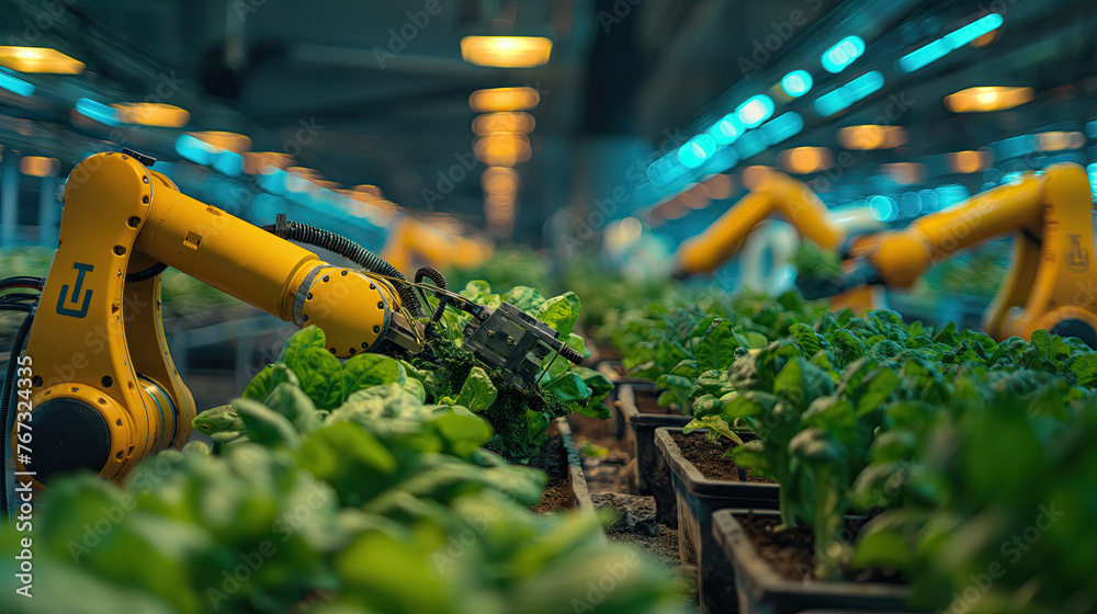 An industrial-sized vertical farm, robots assisting in planting and harvesting. Concept of the future of food