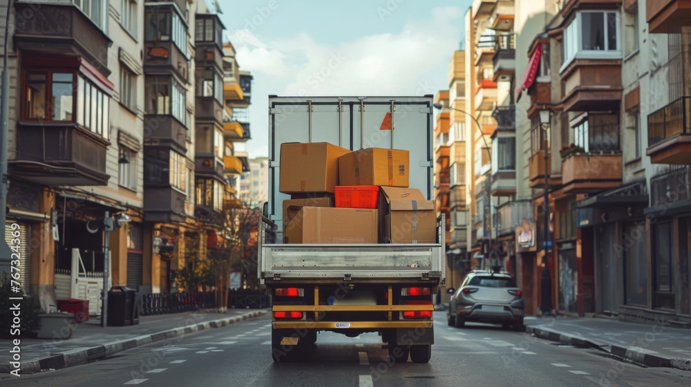Obraz premium Truck filled with boxes and furniture for moving