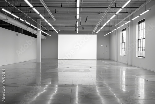 Spacious and modern gallery space with a blank canvas and minimalist aesthetic