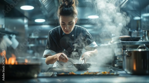 Female chef in a professional kitchen as she meticulously prepares an elaborate dish