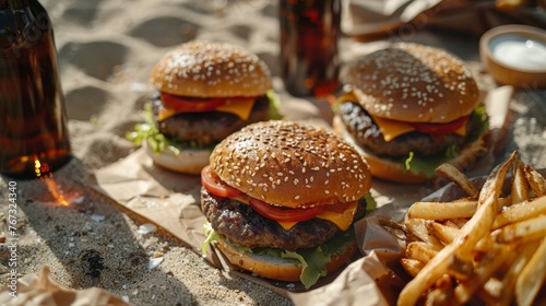 Summertime beach picnic with juicy burgers and cold beer
