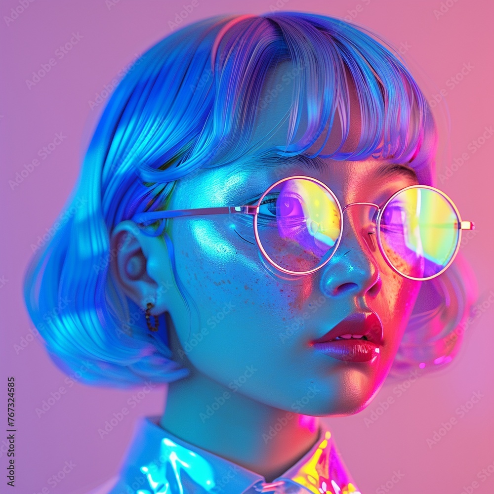 Design a character with holographic hair and translucent skin multitasking effortlessly in a digitally augmented workspace. They seamlessly switch between virtual meetings Design a character with holographic hair and translucent skin multitasking effortlessly in a digitally augmented workspace. They seamlessly switch between virtual meetings