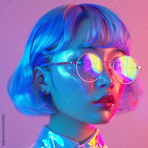 Design a character with holographic hair and translucent skin multitasking effortlessly in a digitally augmented workspace. They seamlessly switch between virtual meetings
