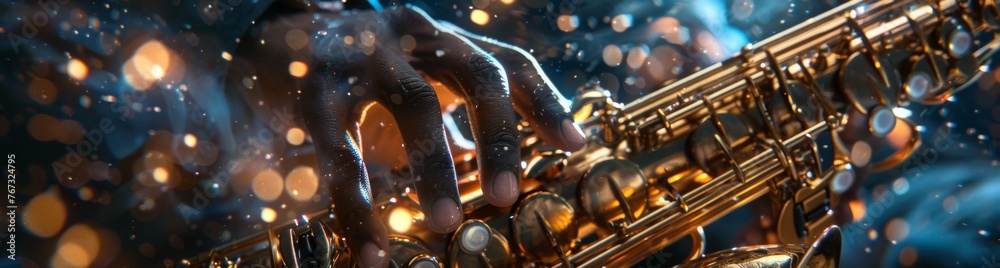 Naklejka premium Close-up shot with musician playing the saxophone