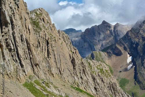 Landscape of the French Pyrenees, view of the mountains with cloudy sky