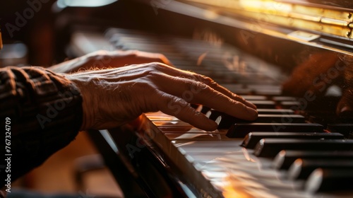 Close-up shot with musician playing the piano