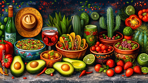 A table full of food with a variety of food, drink and appetizers mexican cuisine. Concept traditional mexican food. photo