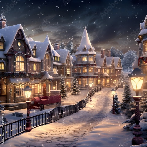 Winter village in the snow. Christmas background. 3d illustration.