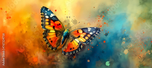 A colorful butterfly with orange wings surrounded by splatters of paint.