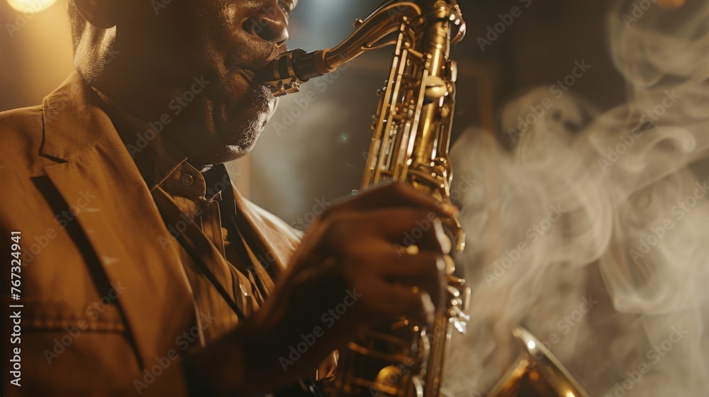 Obraz premium Close-up shot with musician playing the saxophone