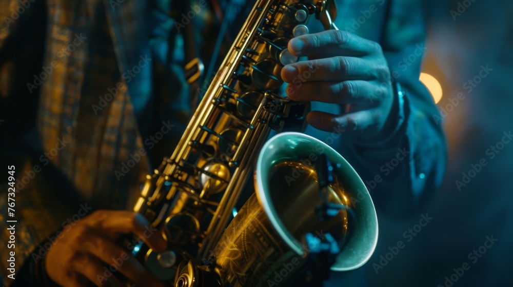 Obraz premium Close-up shot with musician playing the saxophone