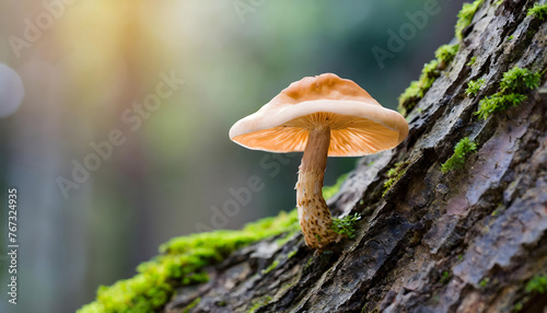 A detailed view of a mushroom emerging from the bark of a tree, showcasing its unique shape and texture. The mushroom appears to be in the early stages of growth, with its gills clearly visible 