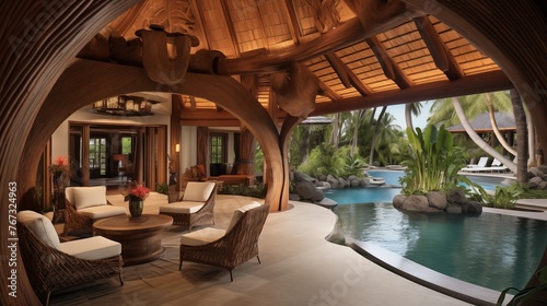 Indoor/outdoor tropical living pavilion with soaring thatched wood ceilings carved wood posts lush landscaping and infinity pool.