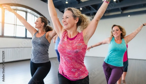  Middle-aged women enjoying a joyful dance class, candidly expressing their active lifestyle through Zumba with friends