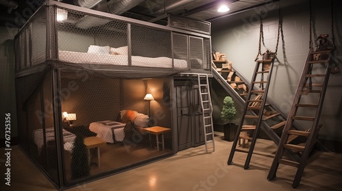 Industrial chic indoor/outdoor kids' fort bunkroom with indoor rock climbing walls netted indoor tree fort loft and rolling metal ladders.