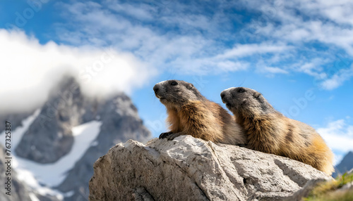 Two animals are perched comfortably on a large rock. One appears to be a squirrel  while the other looks like a bird. Both are sitting side by side  calmly observing their surroundings. 