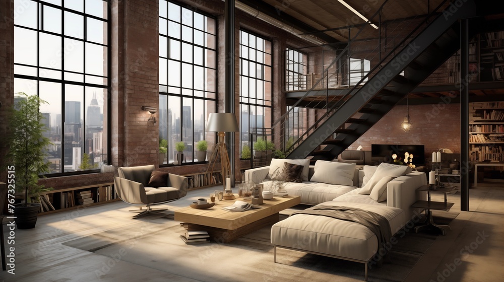 Industrial chic multi-level city loft with raw concrete staircase aged brick walls massive wood beams and oversized windows. Industrial chic multi-level city loft with raw concrete staircase aged brick walls massive wood beams and oversized windows.