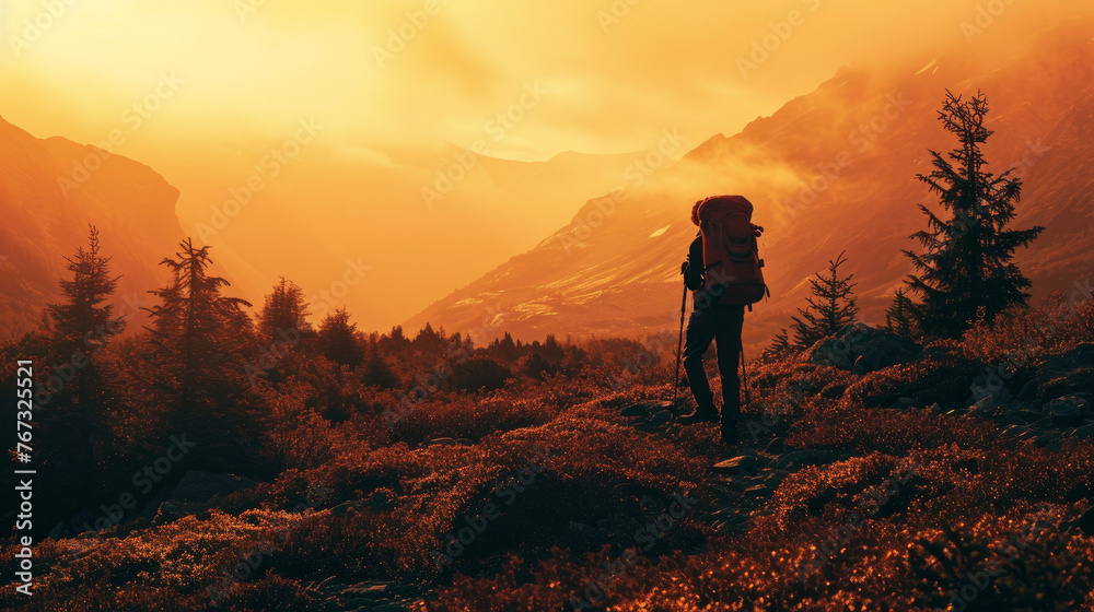 Artistic photograph of a hiker in a calm pose and with a dignified expression, captured with the effect of redscale film