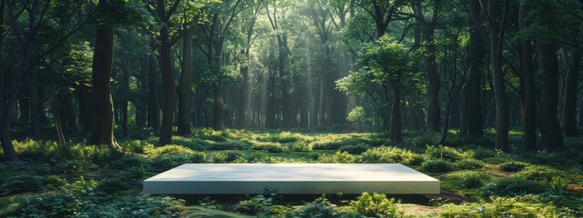 Podium background product green nature 3D forest stand white plant. Cosmetic background product podium display wood jungle studio garden beauty platform presentation mockup pedestal stone tropical