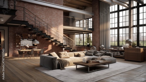 Industrial chic multi-level city loft with raw concrete staircase aged brick walls massive wood beams and oversized windows. © Aeman