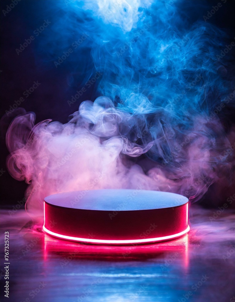 Modern round empty platform podium stand for product presentation scene with glowing neon lighting. Front view. Futuristic empty stage mockup Modern round empty platform podium stand for product presentation scene with glowing neon lighting. Front view. Futuristic empty stage mockup
