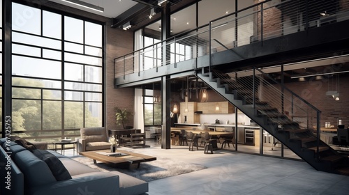 Industrial modern two-story loft apartment with glass railings metal stairs and oversized windows.