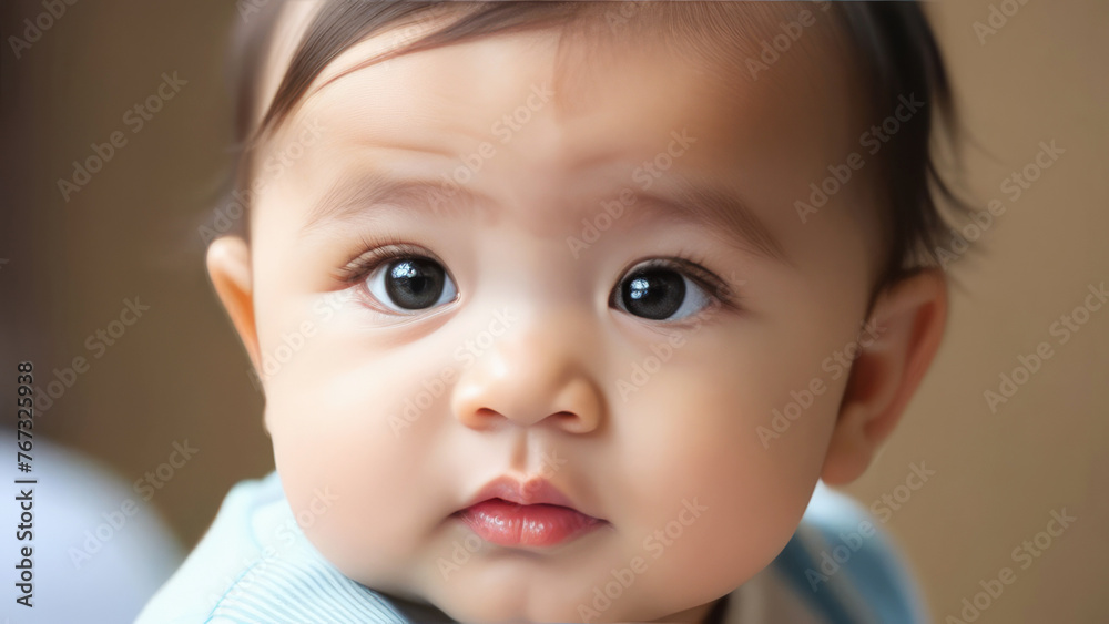 cute happy asian baby on blurred abstract background. Portrait photography happy smile asia kid