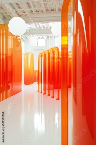 A hallway with orange walls and white floors. Generative AI. © Nikolay