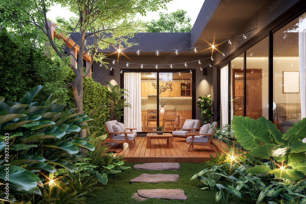 Modern contemporary style small wooden terrace in lush garden with house interior background 3d render