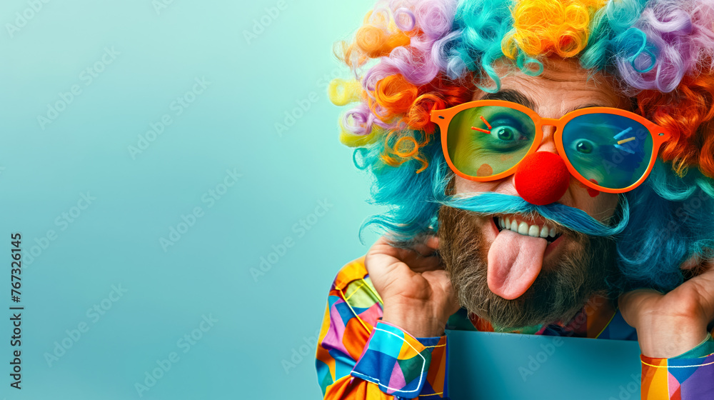 Clown with tongue-out, glasses, rainbow wig and bright makeup, closeup, blue background. April Fool's Day concept. Clown with tongue-out, glasses, rainbow wig and bright makeup, closeup, blue background. April Fool's Day concept.
