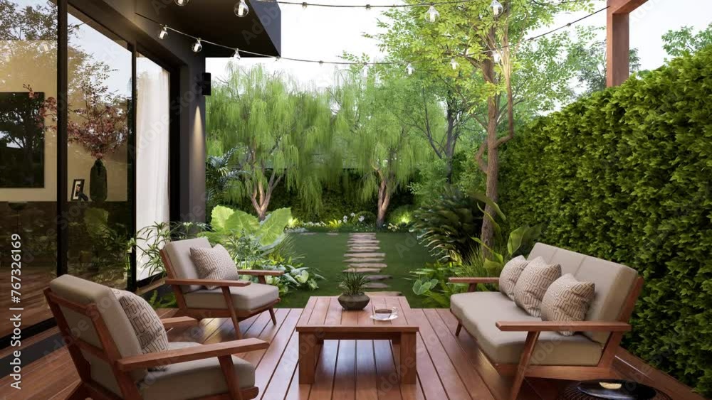 Animation of modern contemporary style small wooden terrace with garden view 3d render, there are plank floor green wall fence decorated with white fabric furniture and string light