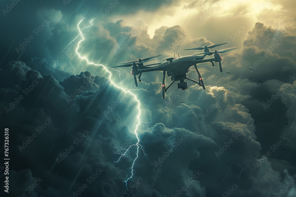 A combat drone hovering in a sky filled with storm clouds. The contrast between the high-tech drone and the raw power of nature creates a striking image