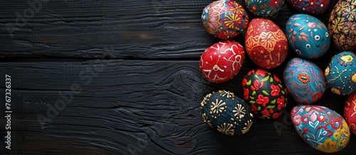 Decorated Easter eggs called Pysanka on a black wooden background with copy space and viewed from the top © Vusal