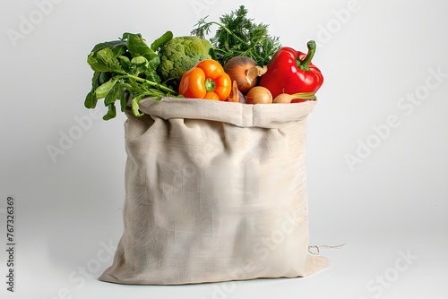 Cloth grocery bag with vegetables isolated on white background. Farm and harvesting concept. Healthy food, vegetables. Mockup, template for design