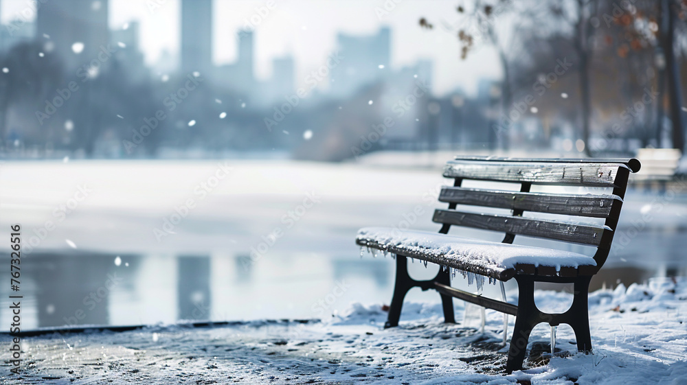 A lone, snow-covered bench overlooks a frozen city lake, the crisp details of the bench and ice contrasted against a blurred, wintery city skyline. 