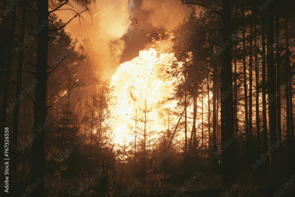 A nuclear explosion in a forest, the trees silhouetted against the bright flash of the explosion. A nuclear explosion in a forest, the trees silhouetted against the bright flash of the explosion.