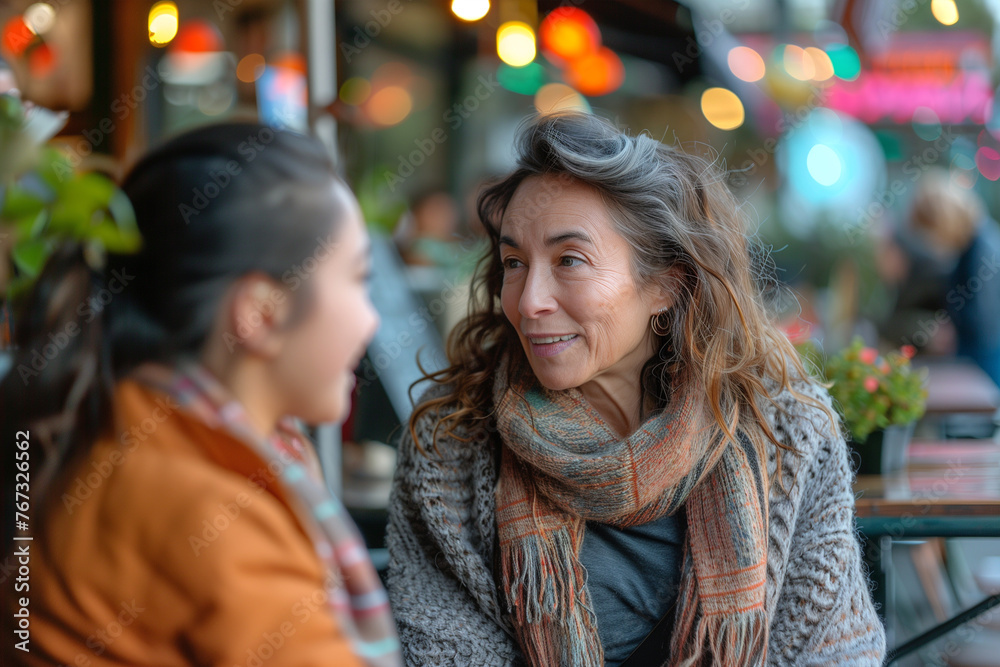 Two Women Sitting at Table Talking