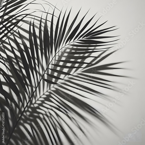 Shadow from palm leaves on a white wall background. White background, cardboard. Abstract image. Tropic concept photo