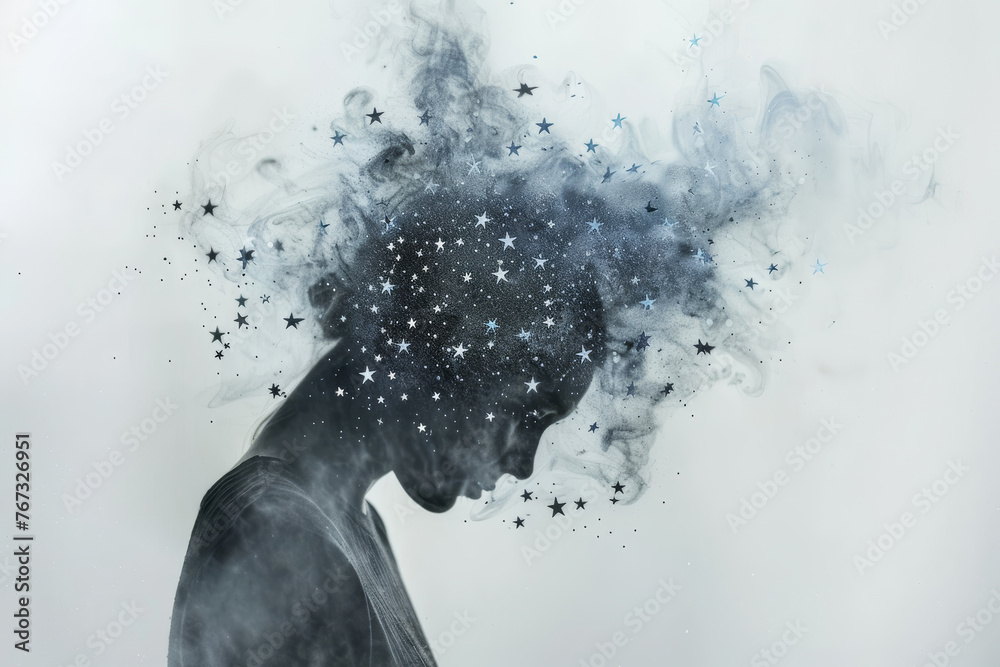 An abstract image of a person with a headache, their head surrounded by a series of stars. The stars symbolize the disorienting effect of a severe headache - obrazy, fototapety, plakaty 
