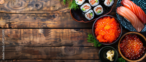 Japanese Seafood background with Japanese Shell, Salmon roe and Tuna of Japanese Sashimi dish on elegant wooden table