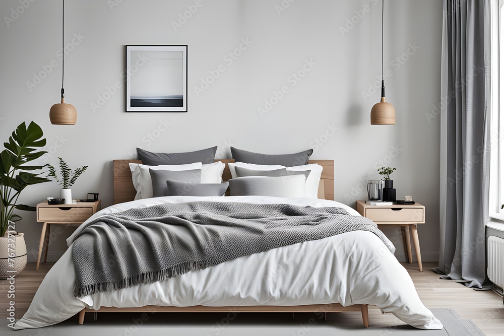 luxury studio apartment with a free layout in a loft style in dark colors. Stylish modern, cozy bedroom area with fireplace. luxury studio apartment with a free layout in a loft style in dark colors. Stylish modern, cozy bedroom area with fireplace.