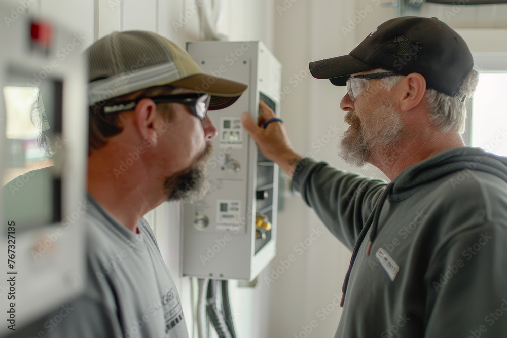 An air conditioner installer teaching a homeowner how to use their new system. An air conditioner installer teaching a homeowner how to use their new system.