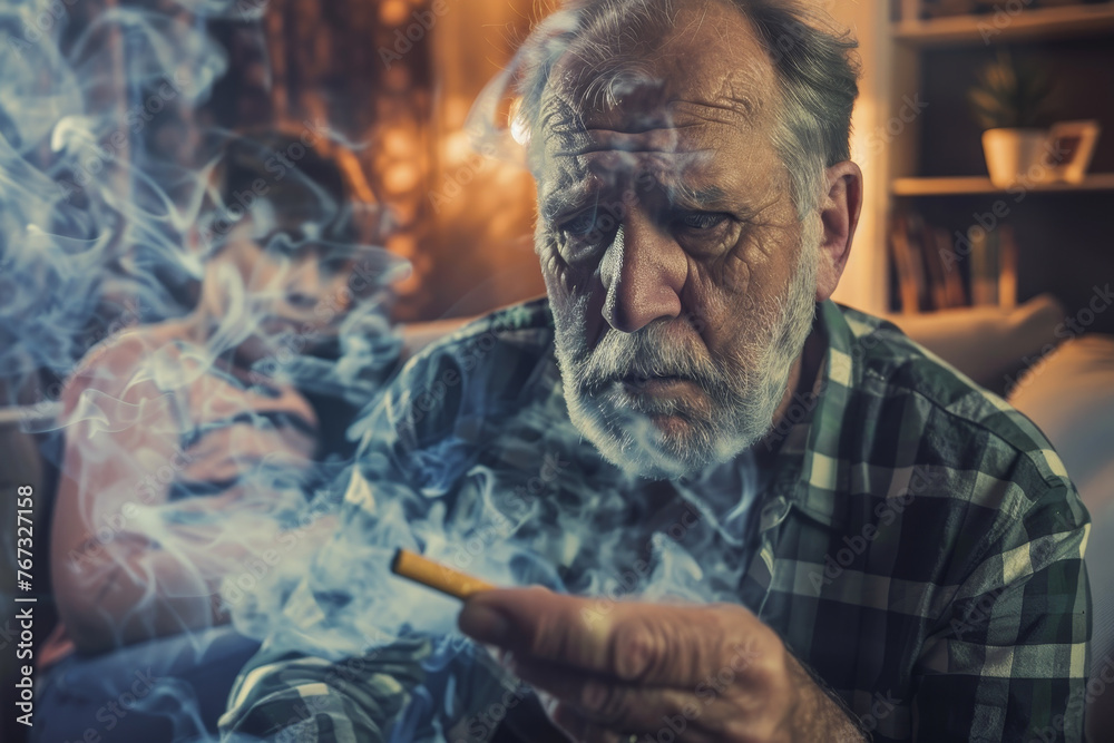 photo A man is having a lung cancer in a home. He is holding a cigarette and a x-ray.